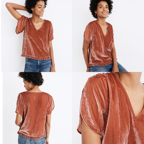 New Madewell Velvet Tulip-Sleeve Ruffle Top - Picture 7 of 8